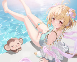 Rule 34 | 1girl, andira (granblue fantasy), andira (summer) (granblue fantasy), animal, animal ears, arm support, barefoot, blonde hair, casual one-piece swimsuit, closed mouth, duplicate, erune, feet, granblue fantasy, hair ornament, highres, kimblee, legs, looking at viewer, monkey, monkey ears, non-web source, official alternate costume, one-piece swimsuit, partially visible vulva, pixel-perfect duplicate, pool, red eyes, short hair, sitting, smile, solo, swimsuit, thigh strap, toes, water