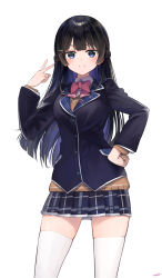 Rule 34 | 1girl, black hair, black jacket, black skin, blazer, blue eyes, blue hair, bow, braid, breasts, brown sweater, closed mouth, collared shirt, colored skin, commentary request, hair ornament, hairclip, hand on own hip, highres, jacket, jazztaki, long hair, long sleeves, looking at viewer, medium breasts, multicolored hair, nijisanji, pink bow, plaid, plaid skirt, pleated skirt, school uniform, shirt, signature, simple background, skirt, smile, solo, sweater, thighhighs, tsukino mito, tsukino mito (1st costume), two-tone hair, very long hair, virtual youtuber, white background, white shirt, white thighhighs