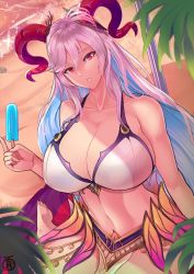 Rule 34 | 1girl, anklet, armlet, bare legs, barefoot, beach, bikini, blue hair, breasts, cleavage, collarbone, curled horns, feet, female focus, fingernails, fire emblem, fire emblem heroes, flower, food, freyja (fire emblem), goat horns, gradient hair, grey hair, hair between eyes, hair flower, hair ornament, highres, holding, holding food, horns, ice cream, jewelry, large breasts, long hair, looking at viewer, midriff, multicolored hair, navel, nintendo, official alternate costume, outdoors, parted lips, pelvic curtain, popsicle, red eyes, red horns, revolverwing, sand, sidelocks, sitting, soles, solo, swimsuit, teeth, thighs, toes, two-tone hair, under umbrella, very long hair, water, white bikini, white flower