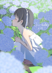 Rule 34 | 1girl, black hair, closed eyes, dated, dress, flower, from side, happy birthday, highres, hydrangea, idolmaster, idolmaster cinderella girls, megabee e, object kiss, own hands together, sasaki chie, sleeveless, sleeveless dress, smelling, smelling flower, solo, squatting, white dress