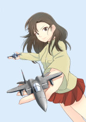 Rule 34 | 1girl, absurdres, aircraft, airplane, blue background, brown eyes, brown hair, chi-hatan school uniform, f-15, f-15 eagle, fighter jet, girls und panzer, hair between eyes, highres, jet, long hair, looking at viewer, military, military vehicle, mitsubishi f-2, nishi kinuyo, oze (xyz go go11), school uniform, solo