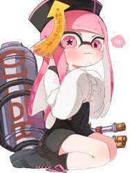 Rule 34 | 1girl, :3, amedama 893, black footwear, boots, closed mouth, cross-laced footwear, grid background, hat, highres, hydra splatling (splatoon), inkling, inkling girl, inkling player character, long hair, looking at viewer, nintendo, ofuda, own hands together, pink eyes, pink hair, pointy ears, qingdai guanmao, seiza, simple background, sitting, sleeves past fingers, sleeves past wrists, smile, solo, splatoon (series), splatoon 3, star-shaped pupils, star (symbol), symbol-shaped pupils, tentacle hair