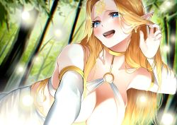 Rule 34 | 1girl, :d, absurdres, adjusting hair, bent over, blonde hair, blue eyes, blurry, blurry background, breasts, cleavage, collarbone, detached sleeves, earrings, elf, facial mark, forehead mark, forest, from below, highres, jewelry, large breasts, len (hand linke), long hair, multiple earrings, nature, neck ring, o-ring, o-ring top, open mouth, original, parted bangs, pointy ears, revealing clothes, smile, solo, teeth, tongue, white sleeves