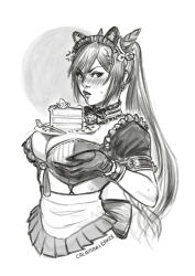 Rule 34 | 1girl, anger vein, animal ears, apron, artist name, bell, between breasts, blush, breast lift, breasts, cake, cake slice, calamari cakes, cleavage, commentary, cone hair bun, detached collar, double bun, earrings, english commentary, food, fork, frills, genshin impact, gloves, greyscale, hair bun, hair ornament, jewelry, keqing (genshin impact), large breasts, long hair, looking at viewer, maid, maid headdress, monochrome, neck bell, puffy short sleeves, puffy sleeves, short sleeves, simple background, skirt, solo, sweat, twintails, very long hair, white background