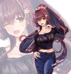 Rule 34 | 1girl, 2020, alternate costume, blush, breasts, brown eyes, brown hair, cherry blossoms, dated, denim, female focus, flower, hair flower, hair ornament, highres, himeyamato, jeans, kantai collection, large breasts, long hair, looking at viewer, matching hair/eyes, midriff, midriff peek, navel, one eye closed, open mouth, pants, ponytail, smile, solo, standing, very long hair, wink, yamato (kancolle)