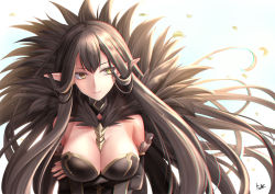 Rule 34 | 1girl, bare shoulders, between breasts, black dress, black hair, breasts, cleavage, commentary request, detached sleeves, dress, fate/apocrypha, fate (series), large breasts, long hair, looking at viewer, pointy ears, semiramis (fate), smile, solo, toshi (1-147), upper body, very long hair, yellow eyes