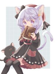 Rule 34 | 1girl, absurdres, animal, animal ear fluff, animal ears, beret, black bow, black cat, black dress, black thighhighs, blush, book, bow, cat, cat ears, cat girl, cat tail, commentary, covered mouth, dress, ear bow, feet out of frame, frilled dress, frills, grey background, hands up, hat, highres, holding, holding book, knees together feet apart, long sleeves, open book, original, puffy long sleeves, puffy sleeves, purple eyes, purple hair, red hat, sleeves past wrists, solo, symbol-only commentary, tail, thick eyebrows, thighhighs, two-tone background, white background, yuino ruria