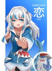 Rule 34 | 1girl, altronage, bloop (gawr gura), blue eyes, character name, fins, fish tail, gawr gura, gawr gura (1st costume), highres, hololive, hololive english, long hair, looking at viewer, open mouth, pointing, sharp teeth, solo focus, tail, teeth, virtual youtuber, white hair