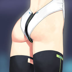 Rule 34 | 1girl, alice gear aegis, ass, ass focus, black thighhighs, close-up, commentary request, from behind, gradient background, highleg, highleg leotard, jiji (aardvark), leotard, lower body, miyaminami hikari, skindentation, solo, standing, thigh strap, thighhighs, thighs