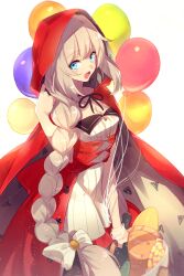 Rule 34 | 1girl, baguette, balloon, basket, blue eyes, blush, bottle, braid, braided ponytail, bread, breasts, cleavage, cloak, dress, echo (circa), fate/grand order, fate (series), food, hood, hooded cloak, long hair, looking at viewer, marie antoinette (fate), marie antoinette (festival outfit) (fate), medium breasts, open mouth, puffy short sleeves, puffy sleeves, red cloak, red dress, short sleeves, sidelocks, single braid, smile, solo, very long hair, white hair, wine bottle