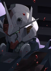 Rule 34 | absurdres, blood, blood on face, blood stain, commentary, floating, green eyes, gundam, gundam aerial rebuild, gundam suisei no majo, highres, mecha, mobile suit, no humans, portrait, puni (punycolors), robot, solo, v-fin, zero gravity