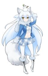 Rule 34 | 10s, 1girl, animal ear fluff, animal ears, arctic wolf (kemono friends), blue jacket, boots, bow, bowtie, cross-laced footwear, extra ears, frown, full body, fur-trimmed headwear, fur collar, fur trim, hair between eyes, hand up, ise (0425), jacket, kemono friends, knee boots, long hair, long sleeves, looking at viewer, midriff, navel, pantyhose, plaid, plaid bow, plaid bowtie, plaid neckwear, plaid skirt, shirt, simple background, skirt, solo, tail, very long hair, white background, white hair, white pantyhose, white shirt, wolf ears, wolf tail, yellow eyes