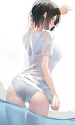 Rule 34 | 1girl, absurdres, arm up, ass, black hair, blush, breasts, commentary, commentary request, from behind, highres, large breasts, looking at viewer, looking back, original, pallad, partially submerged, red eyes, shirt, short hair, short sleeves, solo, thighs, water, wet, wet clothes, wet shirt, white shirt