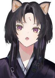Rule 34 | 1girl, absurdres, animal ears, arknights, black hair, black kimono, dog ears, facial mark, fangs, forehead mark, highres, japanese clothes, kimono, long hair, looking at viewer, open mouth, parted bangs, portrait, purple eyes, saga (arknights), simple background, solo, white background