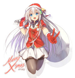 Rule 34 | 1girl, :d, bell, black pantyhose, blue eyes, christmas, gloves, hair ornament, hair ribbon, hat, holding, long hair, looking at viewer, luzi, merry christmas, open mouth, original, pantyhose, pleated skirt, red gloves, ribbon, santa hat, school uniform, silver hair, skirt, smile, solo, v