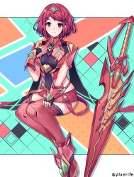 Rule 34 | 1girl, breasts, highres, large breasts, pixerite, pyra (xenoblade), red eyes, red hair, short hair, shorts, skindentation, solo, sword, weapon, xenoblade chronicles (series), xenoblade chronicles 2