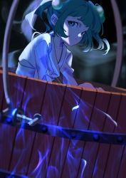 Rule 34 | 1girl, bucket, closed mouth, collarbone, commentary, eyebrows hidden by hair, frown, green eyes, green hair, hair bobbles, hair ornament, highres, kisume, long sleeves, looking at viewer, mizoreshi, shirt, short twintails, sideways glance, solo, touhou, twintails, upper body, white shirt, wooden bucket