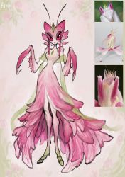 Rule 34 | 1girl, absurdres, antenna hair, antennae, arthropod girl, black eyes, closed mouth, colored sclera, colored skin, dress, highres, horns, long dress, looking at viewer, mantis girl, matilda fiship, monster girl, no hands, orchid mantis, original, pink dress, pink sclera, pink skin, praying mantis, sanpaku, shawl, signature, single horn, solo, standing