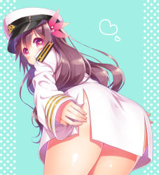 Rule 34 | 10s, 1girl, ass, black hair, blush, female admiral (kancolle), from behind, hair ornament, hat, kantai collection, kisaragi (kancolle), leaning forward, long hair, looking back, military, military uniform, minami (apricot tea), naval uniform, no pants, peaked cap, red eyes, solo, uniform