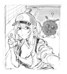 Rule 34 | 1girl, baseball cap, breasts, cleavage, closed mouth, commentary request, creatures (company), cropped jacket, female protagonist (pokemon go), fingerless gloves, game freak, gen 1 pokemon, gloves, greyscale, hat, kotoyama, long hair, looking at viewer, monochrome, nintendo, pokemon, pokemon (creature), pokemon go, ponytail, selfie, venonat