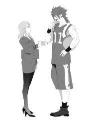 Rule 34 | 1boy, 1girl, alternate universe, bare shoulders, basket, basketball jersey, basketball uniform, black footwear, black pantyhose, black wristband, bottle, breasts, cissnei, crisis core final fantasy vii, duoj ji, earrings, final fantasy, final fantasy vii, formal, full body, greyscale, hair slicked back, high heels, highres, holding, holding basket, holding bottle, jacket, jewelry, looking at another, medium breasts, medium hair, monochrome, multiple earrings, open mouth, pant suit, pants, pantyhose, pumps, sketch, smile, sportswear, standing, suit, suit jacket, sweat, tank top, wavy hair, white background, zack fair