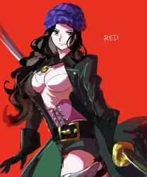 Rule 34 | 1girl, absurdres, belt, bikini, bikini top only, black gloves, black hair, coat, corset, cowboy shot, gloves, green eyes, hashtag-only commentary, head scarf, highres, holding, holding sword, holding weapon, jewelry, leather coat, long hair, looking at viewer, nico robin, one piece, one piece film: red, open clothes, open coat, p4p q, pendant, purple scarf, red background, scarf, shorts, smile, solo, swimsuit, sword, weapon