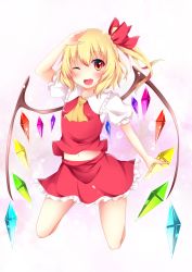 Rule 34 | 1girl, ascot, bad id, bad pixiv id, blonde hair, bow, fang, flandre scarlet, hair bow, highres, kneeling, midriff, navel, no headwear, one eye closed, open mouth, puffy short sleeves, puffy sleeves, red eyes, shirt, short sleeves, side ponytail, sisterakuma, skirt, skirt set, smile, solo, touhou, vest, wings