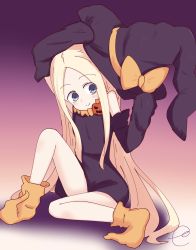Rule 34 | 1girl, abigail williams (fate), arm up, bare shoulders, black dress, black hat, black sleeves, blonde hair, blue eyes, blush, bow, closed mouth, commentary, detached sleeves, dress, english commentary, fate/grand order, fate (series), forehead, full body, hand up, hat, hat bow, head tilt, highres, holding, holding clothes, holding hat, jack-o&#039;-lantern, kujou karasuma, long hair, long sleeves, orange socks, parted bangs, shadow, signature, sitting, sleeveless, sleeveless dress, sleeves past fingers, sleeves past wrists, smile, socks, solo, unworn hat, unworn headwear, very long hair, witch hat, yellow bow