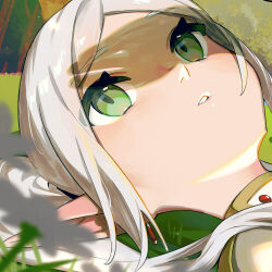 Rule 34 | 1girl, commentary request, earrings, elf, frieren, gem, green eyes, high collar, jewelry, klaeia, long hair, parted bangs, pointy ears, portrait, red gemstone, solo, sousou no frieren, twintails, white hair