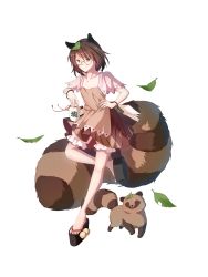 Rule 34 | 1girl, absurdres, animal ears, bottle, brown eyes, brown hair, brown shirt, brown skirt, closed mouth, flip-flops, full body, futatsuiwa mamizou, glasses, highres, holding, leaf, leaf on head, looking at viewer, minuo, okobo, platform clogs, raccoon ears, raccoon girl, raccoon tail, sake bottle, sandals, shirt, short hair, simple background, skirt, smile, solo, tail, tanuki, toes, touhou, white background