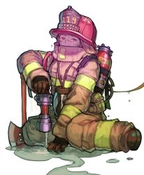 Rule 34 | 1girl, axe, breasts, firefighter, grey eyes, hose, simple background, sitting, small breasts, solo, wariza, weapon, weltol, wet, white background