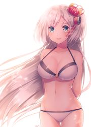 Rule 34 | 1girl, 8931ponzu, arms behind back, azur lane, blue eyes, breasts, chromatic aberration, cleavage, cowboy shot, hair ornament, large breasts, lips, long hair, looking at viewer, mole, mole under eye, navel, shoukaku (azur lane), silver hair, simple background, smile, solo, standing, thigh gap, white background