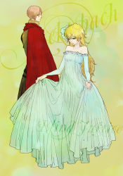 Rule 34 | 1boy, 1girl, bad id, bad pixiv id, bare shoulders, blind justice, blonde hair, blue dress, brown eyes, brown hair, cape, copyright name, detached sleeves, dress, falo credere etincelle, green eyes, hair ornament, kuro (jerry jell), long hair, matin catorce, short hair, skirt hold, zektbach