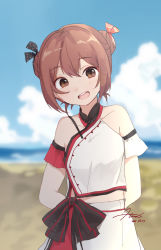 Rule 34 | 1girl, arms behind back, blue sky, brown eyes, brown hair, casual, chinese clothes, cloud, day, double bun, hair bun, highres, hiroe (cosmos blue-02 421), kantai collection, looking at viewer, official alternate costume, official alternate hairstyle, outdoors, shirt, short hair, skirt, sky, sleeveless, sleeveless shirt, solo, tan yang (kancolle), white shirt, white skirt, yukikaze (kancolle)