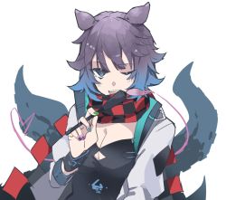 Rule 34 | 1girl, aasu (mhgbh510), animal ears, arknights, black dress, black scarf, black wristband, blue eyes, blue hair, blue nails, breasts, checkered clothes, checkered scarf, cleavage, cleavage cutout, clothing cutout, commentary request, deepcolor (arknights), deepcolor (elite ii) (arknights), dress, elite ii (arknights), gradient hair, green nails, highres, infection monitor (arknights), jacket, looking at viewer, multicolored hair, multicolored nails, nail polish, one eye closed, open clothes, open jacket, open mouth, purple hair, purple nails, red scarf, scarf, short hair, solo, tentacles, upper body, white jacket