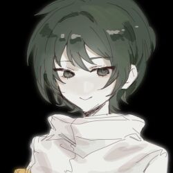 Rule 34 | 1girl, black background, chinese commentary, closed mouth, commentary request, gao tongren wanjiebufu, green eyes, green hair, high collar, highres, isoi rai, looking at viewer, pale skin, portrait, saibou shinkyoku, shirt, short hair, simple background, sketch, smile, solo, white shirt