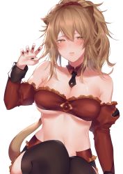 Rule 34 | 1girl, absurdres, allze, arknights, bandeau, bare shoulders, black nails, black necktie, black thighhighs, blush, breasts, breath, brown eyes, brown hair, character name, claw pose, cleavage, collarbone, commentary, cosplay, detached collar, detached sleeves, fate/apocrypha, fate (series), hair between eyes, hair ornament, hair scrunchie, hand up, highres, juliet sleeves, large breasts, lion tail, long hair, long sleeves, looking at viewer, midriff, mordred (fate), mordred (fate) (cosplay), mordred (fate/apocrypha), nail polish, navel, necktie, puffy sleeves, red scrunchie, scrunchie, siege (arknights), simple background, sitting, solo, stomach, strapless, tail, thighhighs, tube top, white background