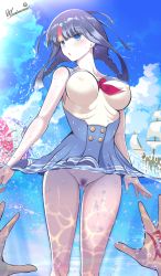Rule 34 | 1girl, absurdres, bare shoulders, black hair, blue eyes, blue sailor collar, blue skirt, blue sky, blush, braid, breasts, buttons, command spell, covered erect nipples, double-breasted, fate/grand order, fate (series), female pubic hair, highres, looking at viewer, low twin braids, medium breasts, medium hair, multicolored hair, muni nuren, ocean, one-piece swimsuit, pink hair, pubic hair, sailor collar, sidelocks, skirt, sky, solo focus, streaked hair, swimsuit, thighs, twin braids, utsumi erice, utsumi erice (swimsuit avenger), utsumi erice (swimsuit avenger) (second ascension), wading, white one-piece swimsuit