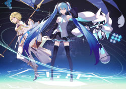 Rule 34 | #compass, 2girls, absurdly long hair, armor, banner, black footwear, black skirt, black sleeves, blonde hair, blue eyes, blue hair, blue neckwear, boots, chinese commentary, closed mouth, collared shirt, commentary request, detached sleeves, dress shirt, faulds, floating hair, full body, grey shirt, hair between eyes, hair ornament, hatsune miku, highres, holding, jeanne d&#039;arc (#compass), kieed, long hair, long sleeves, looking at viewer, miniskirt, multiple girls, necktie, partial commentary, pleated skirt, shirt, short hair, skirt, sleeveless, sleeveless shirt, standing, swept bangs, thigh boots, thighhighs, twintails, very long hair, vocaloid, voidoll, white legwear, wing collar, zettai ryouiki