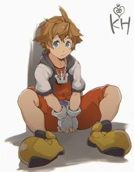 Rule 34 | 1boy, 8 (yamalu), belt, blue eyes, brown hair, chain, chain necklace, closed eyes, cropped jacket, fingerless gloves, full body, gloves, hood, hooded jacket, jacket, jewelry, kingdom hearts, kingdom hearts i, looking at viewer, male focus, necklace, shoes, short jumpsuit, sitting, sneakers, solo, sora (kingdom hearts), white background