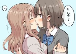 Rule 34 | 2girls, betock, black sweater, blue background, blue bow, bow, brown hair, closed eyes, commentary request, french kiss, from side, half-closed eyes, highres, kiss, long hair, multiple girls, original, pink sweater, short hair, simple background, speech bubble, sweater, thought bubble, tongue, tongue out, translation request, yuri