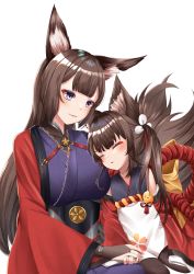 Rule 34 | 2girls, absurdres, aged down, amagi-chan (azur lane), amagi (azur lane), animal ears, azur lane, black gloves, black pantyhose, black thighhighs, blunt bangs, brown hair, commentary request, detached sleeves, eyeshadow, fingerless gloves, fox ears, fox girl, fox tail, gloves, highres, holding hands, japanese clothes, kitsune, konparu uran, kyuubi, leaning on person, long hair, looking at another, makeup, manjuu (azur lane), mother and daughter, multiple girls, multiple tails, name connection, pantyhose, purple eyes, sidelocks, simple background, sleeping, sleeping on person, smile, tail, thighhighs, twintails, white background, wide sleeves