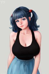 Rule 34 | 1girl, bare arms, bare shoulders, blue eyes, blue hair, blue skirt, blunt bangs, breasts, cleavage, closed mouth, collarbone, contrapposto, cowboy shot, drawstring, freckles, grey background, hair bobbles, hair ornament, highres, huge breasts, kawashiro nitori, light smile, long hair, looking at viewer, non-web source, realistic, revision, self-upload, sidelocks, simple background, skirt, solo, tank top, touhou, yyf (seaknight)