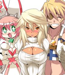 Rule 34 | 1boy, 2girls, :3, alternate costume, ascot, blonde hair, blush, breasts, brown eyes, cleavage, cleavage cutout, closed eyes, clothing cutout, clover, colored eyelashes, cross, dark-skinned female, dark skin, elphelt valentine, eyepatch, four-leaf clover, green eyes, grin, guilty gear, guilty gear xrd, hairband, jewelry, konno tohiro, large breasts, long hair, looking at another, looking at viewer, meme attire, multiple girls, necklace, open-chest sweater, open mouth, orange hair, pink hair, ramlethal valentine, ribbed sweater, short hair, siblings, simple background, sin kiske, sisters, smile, sparkle, spikes, standing, sweater, thumbs up, turtleneck, white background