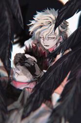 Rule 34 | 2boys, absurdres, alternate wing color, beard, beard stubble, between legs, black gloves, black shirt, black wings, blonde hair, blurry, blurry background, blurry foreground, boku no hero academia, chromatic aberration, coat, covered eyes, covering another&#039;s eyes, depth of field, diamond earrings, earrings, endeavor (boku no hero academia), facial hair, facial mark, feathered wings, floating hair, forked eyebrows, fur-trimmed jacket, fur-trimmed sleeves, fur trim, gloves, goatee, goatee stubble, grey coat, hawks (boku no hero academia), highres, jacket, jewelry, leaning on person, long sleeves, looking at viewer, lower teeth only, male focus, multiple boys, mustache, mustache stubble, on person, open mouth, pepepecoooooo, red hair, scar, scar across eye, scar on face, shadow, shirt, short hair, sideways glance, simple background, smile, soft focus, spiked hair, stubble, stud earrings, teeth, triangle, turtleneck, upper body, white background, wings, yellow eyes, yellow jacket