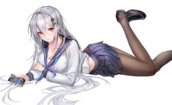 Rule 34 | 1girl, alternate costume, arknights, black footwear, blue neckerchief, blue sailor collar, blue skirt, breasts, brown pantyhose, cellphone, cleavage, commentary request, foot out of frame, grey hair, hair between eyes, hair ornament, holding, holding phone, kuza brs, large breasts, loafers, long hair, long sleeves, looking at viewer, lying, midriff peek, miniskirt, neckerchief, no headwear, on stomach, pantyhose, parted lips, phone, pleated skirt, red eyes, sailor collar, sailor shirt, school uniform, serafuku, shirt, shoes, simple background, skadi (arknights), skirt, smartphone, solo, thighs, very long hair, white background, white shirt