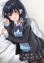 Rule 34 | 1girl, :d, bed sheet, black hair, black jacket, blazer, blue bow, blue eyes, blue sweater, blush, bow, braid, butterfly hair ornament, collared shirt, commentary request, diagonal-striped bow, dress shirt, grey skirt, hair between eyes, hair ornament, highres, jacket, komori kuzuyu, long sleeves, looking at viewer, lying, on side, open clothes, open jacket, open mouth, original, plaid, plaid skirt, pleated skirt, rivier (kuzuyu), shirt, skirt, sleeves past wrists, smile, solo, sweater, white shirt