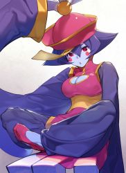 Rule 34 | 1girl, akisa yositake, blue hair, blue skin, breasts, cleavage, cleavage cutout, clothing cutout, colored skin, gradient background, hat, highres, indian style, jiangshi, large breasts, lei lei, long sleeves, looking at viewer, red eyes, red footwear, shoes, short hair, sitting, sleeves past wrists, solo, vampire (game)