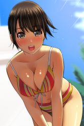 Rule 34 | 1girl, :d, absurdres, bare shoulders, bikini, black hair, blue sky, blurry, blurry background, blush, breasts, brown eyes, cleavage, cloud, day, depth of field, front-tie bikini top, front-tie top, hair between eyes, highres, leaning forward, looking at viewer, matsunaga kouyou, medium breasts, navel, nose blush, open mouth, original, outdoors, round teeth, sky, smile, solo, striped bikini, striped bikini bottom, striped clothes, swimsuit, teeth, upper teeth only, vertical-striped bikini, vertical-striped bikini top, vertical-striped clothes