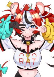 Rule 34 | 1girl, ;), absurdres, animal, animal ears, animal on shoulder, bare shoulders, blue eyes, bow, collar, collarbone, double v, hair between eyes, hakos baelz, highres, hololive, hololive english, key, long hair, long sleeves, looking at viewer, midriff, mouse (animal), mouse ears, mouse girl, mouse tail, multicolored hair, navel, off-shoulder shirt, off shoulder, one eye closed, red hair, ribbon, shirt, short sleeves, sidelocks, simple background, smile, spiked collar, spikes, streaked hair, sunggou, tail, tail bow, tail ornament, tail ribbon, twintails, v, virtual youtuber, white background